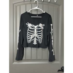 Shein Curve Silver Skeleton Print Long Sleeve Crop Top Size XL